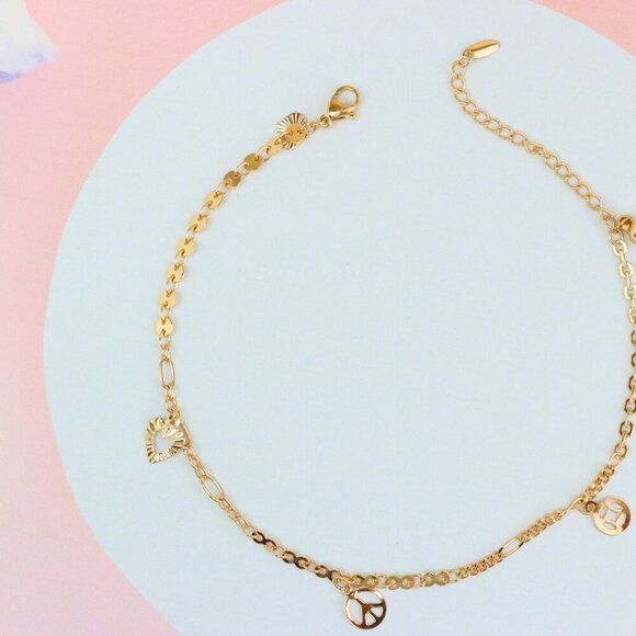 "Rose Gold Anklet with Heart & Peace Charms, XPAL1177 - Picture 2 of 12